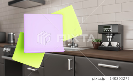 Colorful sticky notes floating in modern kitchen for reminder memo on refrigerator. Home 3D interior with furniture, coffee machine, tile wall, blank square stickers for shopping list. 3D illustration Colorful sticky notes floating in modern kitchen for reminder memo on refrigerator. Home 3D interior with furniture, coffee machine, tile wall, blank square stickers for shopping list. 3D illustration 140293275