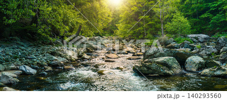 Crystal clear mountain stream flowing among large granite boulders in a lush green forest. Fresh spring landscape with rushing water and sunlit trees in a natural wilderness setting. 140293560