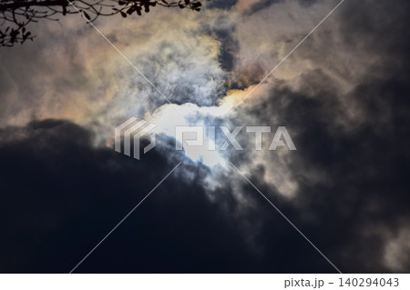 Dramatic skyscape and cloudscape with the bright sun and sunlight. Looking up to the sky. Focus on the sun. Nature scene. Dramatic skyscape and cloudscape with the bright sun and sunlight. Looking up to the sky. Focus on the sun. Nature scene. 140294043