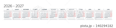 English 2026-2027 Horizontal Linear Grid Executive Annual Planner Template Minimalist Yearly Schedule Page (Compatible with 2037-2038 and 2054-2055). 140294182