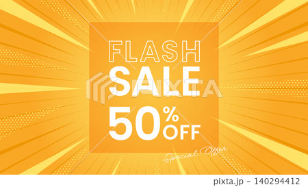 イエローカラーの放射線背景に「FLASH SALE」の文字を配置したインパクトのあるセールバナー素材 140294412