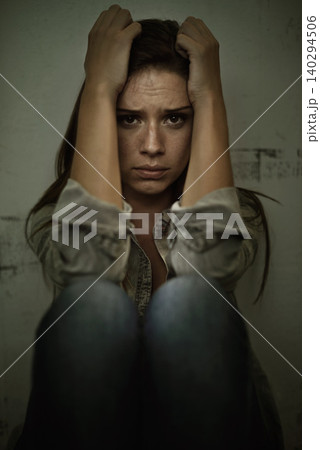 Portrait, horror and terrified woman in fear, panic or worry as victim of abuse or nightmare. Stress, depression and mental health with scared young person in danger of anxiety, burnout or breakdown Portrait, horror and terrified woman in fear, panic or worry as victim of abuse or nightmare. Stress, depression and mental health with scared young person in danger of anxiety, burnout or breakdown 140294506