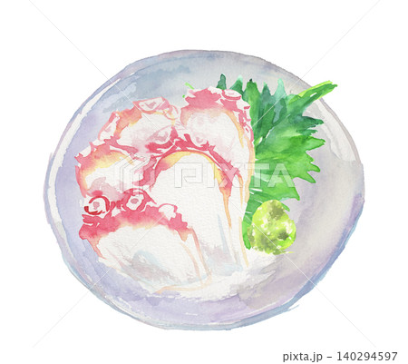 お皿に盛りつけたタコの刺身の水彩イラスト お皿に盛りつけたタコの刺身の水彩イラスト 140294597