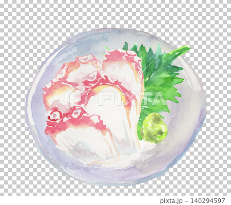 お皿に盛りつけたタコの刺身の水彩イラスト お皿に盛りつけたタコの刺身の水彩イラスト 140294597