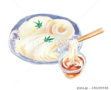 お箸ですくいあげたそうめんとめんつゆの水彩イラスト 140294598