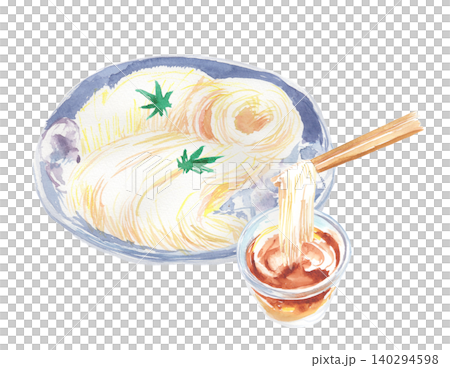 お箸ですくいあげたそうめんとめんつゆの水彩イラスト 140294598