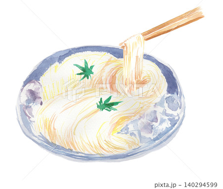 お箸ですくいあげたそうめんの水彩イラスト 140294599