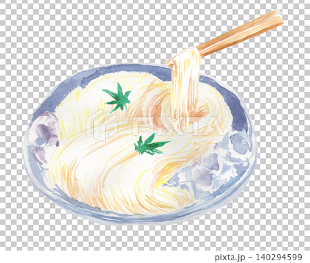 お箸ですくいあげたそうめんの水彩イラスト 140294599