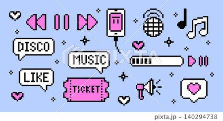 Pixel art music icons retro colors set isolated 140294738