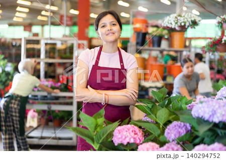 Middle-aged saleswoman standing next to the counter of hydrangea flowers in open-air plants market Middle-aged saleswoman standing next to the counter of hydrangea flowers in open-air plants market 140294752