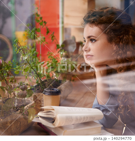 Woman, books and thinking by window in restaurant for creative idea, reading inspiration and learning for knowledge. Student, person and thoughtful with reflection in cafe for research motivation Woman, books and thinking by window in restaurant for creative idea, reading inspiration and learning for knowledge. Student, person and thoughtful with reflection in cafe for research motivation 140294770