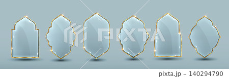 Glass window frames with golden arabesque border Glass window frames with golden arabesque border 140294790