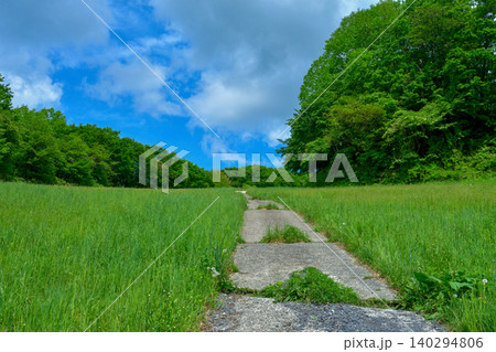 青空の下にまっすぐ伸びる道と緑の草原 初夏の爽やかな風景素材 青空の下にまっすぐ伸びる道と緑の草原 初夏の爽やかな風景素材 140294806