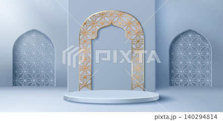 Elegant Ramadan podium with arch, islamic pattern Elegant Ramadan podium with arch, islamic pattern 140294814