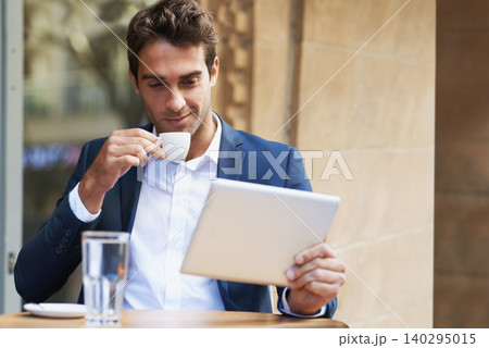 Businessman, outdoor and reading at cafe with tablet for news, article or internet research in London. Online, communication and drink espresso with tech for social media and scroll blog on website Businessman, outdoor and reading at cafe with tablet for news, article or internet research in London. Online, communication and drink espresso with tech for social media and scroll blog on website 140295015