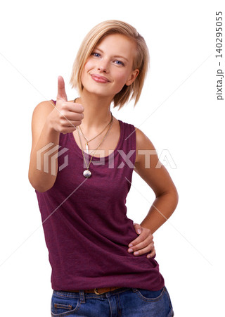 Happy woman, portrait and thumbs up with confidence for good job or well done on a white studio background. Female person, blonde or model with smile, like emoji or yes sign for approval or thank you Happy woman, portrait and thumbs up with confidence for good job or well done on a white studio background. Female person, blonde or model with smile, like emoji or yes sign for approval or thank you 140295055