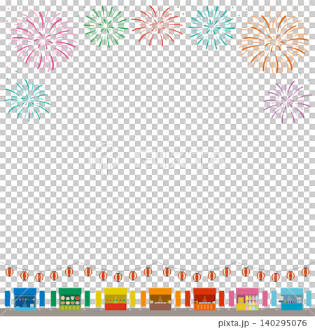 A square frame illustration featuring fireworks, food stalls, and lanterns, evoking the image of a festival. A square frame illustration featuring fireworks, food stalls, and lanterns, evoking the image of a festival. 140295076