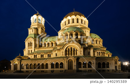 Alexander Nevski Cathedral in Sofia, Buglaria at night. Patriarchal cathedral of St. Alexander Nevsky in evening. Golden domes shining by spotlights 140295389