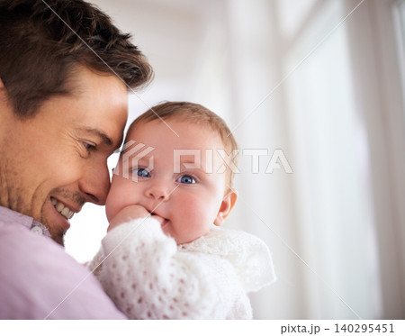 Love, father and baby with portrait in home for bonding, comfort or playing together for healthy development. Family, man and adorable child with smile, embrace and relax for parenting or mockup 140295451