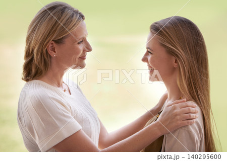 Women, mother and daughter with embrace, smile and mature person with connection, care and love. Mom, girl and family with bonding, reunion and support with relationship, happy and together 140295600