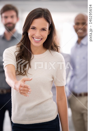 Portrait, woman and business handshake offer in office with team for onboarding welcome. Recruitment, face or female recruiter with shaking hands gesture for thank you, success or b2b hiring deal Portrait, woman and business handshake offer in office with team for onboarding welcome. Recruitment, face or female recruiter with shaking hands gesture for thank you, success or b2b hiring deal 140295654