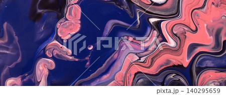 Abstract acrylic pour fluid art background in dark blue and coral tones with marble texture and wavy pattern 140295659