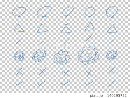 テストの採点をするときの丸やバツ、花丸などの手描きイラストセット(青) テストの採点をするときの丸やバツ、花丸などの手描きイラストセット(青) 140295721