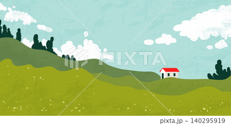 Green grass hills, spring meadow, blue sky, clouds 140295919