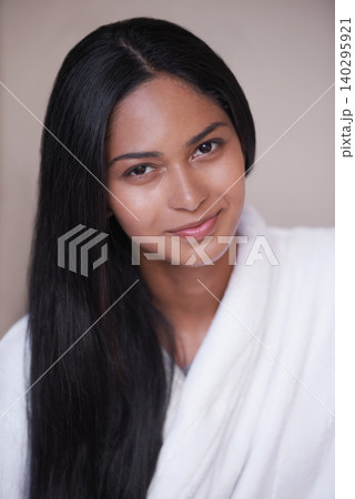 Salon, beauty and portrait of woman for skincare, wellness and treatment in luxury spa. Resort, hospitality and person for massage, therapy and cosmetics for relax, calm and self care in bathroom Salon, beauty and portrait of woman for skincare, wellness and treatment in luxury spa. Resort, hospitality and person for massage, therapy and cosmetics for relax, calm and self care in bathroom 140295921