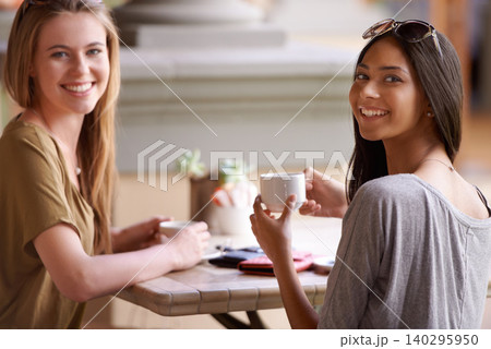 Friends, women and portrait at coffee shop for happy, social life and funny chat casual meeting. Face of customer or people with drink or latte at a cafe, restaurant or small business for a break 140295950