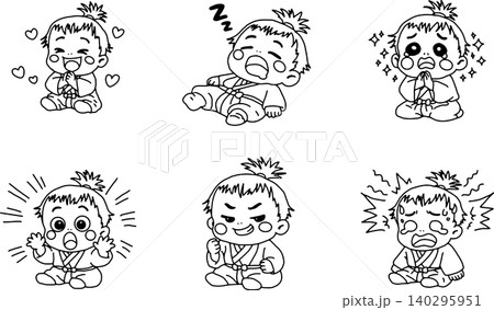 赤ちゃん 表情セット 6種類 日常 感情 かわいい 手描きモノクロ 育児・ブログ・SNS素材 140295951