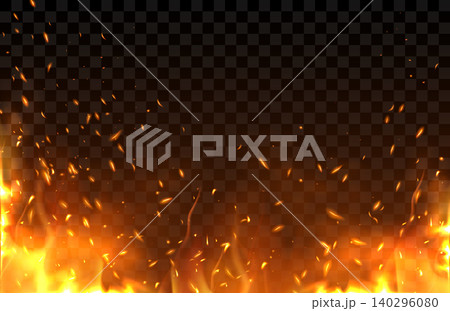 Fire with flying sparks, light of burning flame bg 140296080