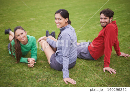 Fitness, friends and portrait of people in field ready for practice, playing game and match outdoors. Happy, sports and man and women rest on grass for training, exercise and workout for wellness Fitness, friends and portrait of people in field ready for practice, playing game and match outdoors. Happy, sports and man and women rest on grass for training, exercise and workout for wellness 140296252