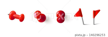 Red thumbtack pin icons, 3d realistic pushpins Red thumbtack pin icons, 3d realistic pushpins 140296253