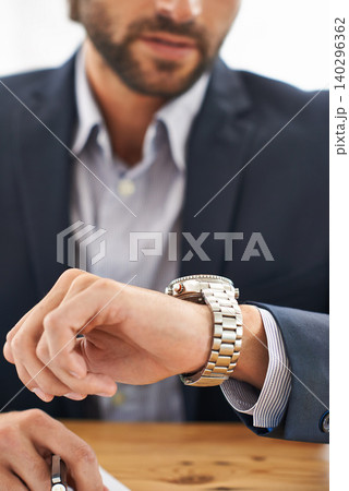 Man, hands and wristwatch to check time for deadline at office, desk and schedule for business. Closeup, corporate and appointment for work with commitment, professional and plan for meeting. 140296362