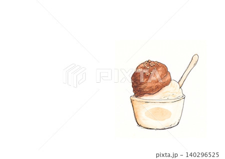 カップに入ったチョコレートアイスとバニラアイスの手描き水彩イラスト 左コピースペース カップに入ったチョコレートアイスとバニラアイスの手描き水彩イラスト 左コピースペース 140296525