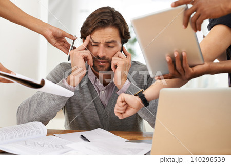 Businessman, paperwork and technology with hands, chaos and frustrated in workplace for multitasking. Male person, headache and overworked with digital tech, documents and stressed for deadline time 140296539