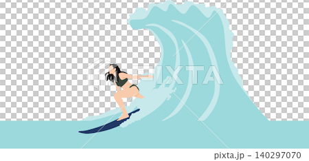 Illustration of a woman surfing on rough waves Illustration of a woman surfing on rough waves 140297070