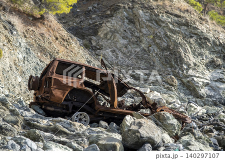 Burned SUV Wreck After Falling from Cliff. Burned SUV Wreck After Falling from Cliff. 140297107