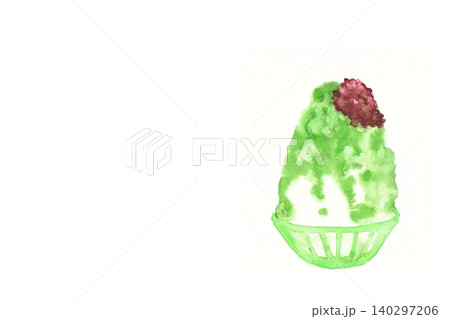 宇治金時かき氷の手描き水彩イラスト 抹茶かき氷 左コピースペース 宇治金時かき氷の手描き水彩イラスト 抹茶かき氷 左コピースペース 140297206