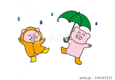 雨の日を楽しむかわいい豚のキャラクターカラーイラスト 雨の日を楽しむかわいい豚のキャラクターカラーイラスト 140297213
