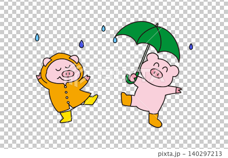 A cute pig character color illustration enjoying a rainy day A cute pig character color illustration enjoying a rainy day 140297213
