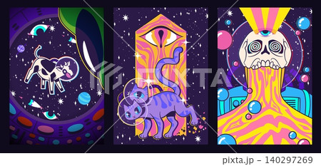 Groovy poster set with psychedelic retro design Groovy poster set with psychedelic retro design 140297269