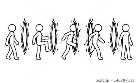 Stick figure portal travel and dimension rift line art vector icon set. People stepping through crack, time travel, future transition, and innovation concept. Stick figure portal travel and dimension rift line art vector icon set. People stepping through crack, time travel, future transition, and innovation concept. 140297319