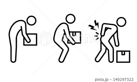 Stick figure back pain and lifting injury line art vector icon set. Incorrect lifting posture, ergonomics, spine hurt, and occupational safety concept. Stick figure back pain and lifting injury line art vector icon set. Incorrect lifting posture, ergonomics, spine hurt, and occupational safety concept. 140297322