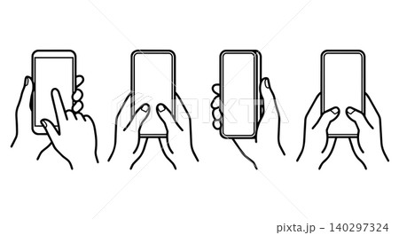 Hands holding smartphone and touching screen line art vector icon set. Mobile phone gestures, app UI presentation, and digital device usage concept. Hands holding smartphone and touching screen line art vector icon set. Mobile phone gestures, app UI presentation, and digital device usage concept. 140297324
