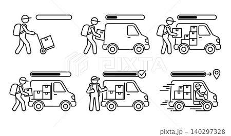 Courier loading boxes into delivery van with progress bar line art vector icon set. Logistics shipping process, tracking app UI, and transport concept. Courier loading boxes into delivery van with progress bar line art vector icon set. Logistics shipping process, tracking app UI, and transport concept. 140297328