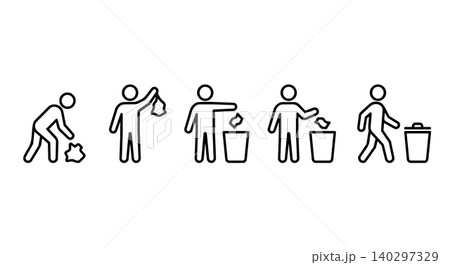 Stick figure picking up litter and throwing trash into bin line art vector icon set. Garbage disposal, keep clean, environmental care, and recycling concept. Stick figure picking up litter and throwing trash into bin line art vector icon set. Garbage disposal, keep clean, environmental care, and recycling concept. 140297329