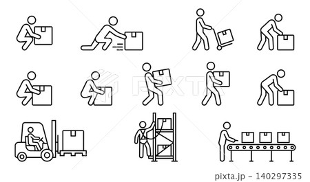 Warehouse logistics and material handling stick figure line art vector icon set. Courier lifting box, forklift, storage rack, and factory conveyor belt concept. 140297335