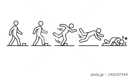 Stick figure tripping over obstacle and falling line art vector icon set. Trip and slip accident, losing balance, forward fall, and workplace safety concept. Stick figure tripping over obstacle and falling line art vector icon set. Trip and slip accident, losing balance, forward fall, and workplace safety concept. 140297349